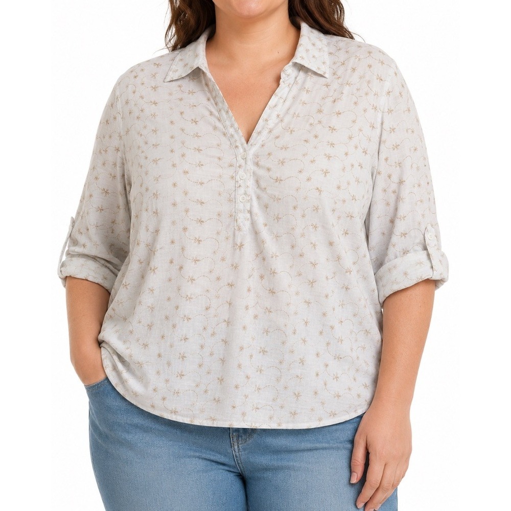 Rebecca Malone Womens Plus 3X White Floral Embroidered Pullover Blouse Top